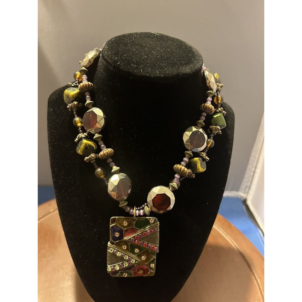 2 Strand Multi Colored Jeweled Beaded Necklace Statement Costume Vintage